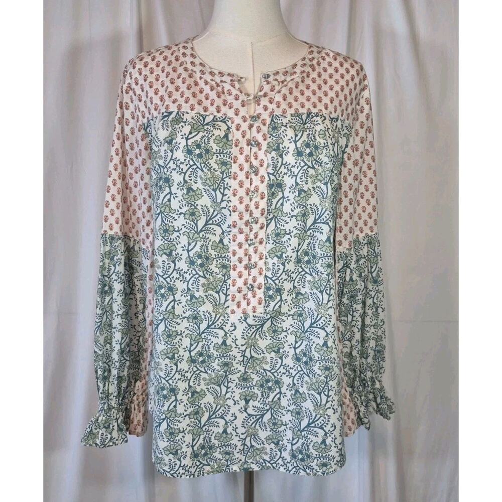 Sundance Explorer Ruffle Long Sleeve Green Pink Floral Cotton Top Small